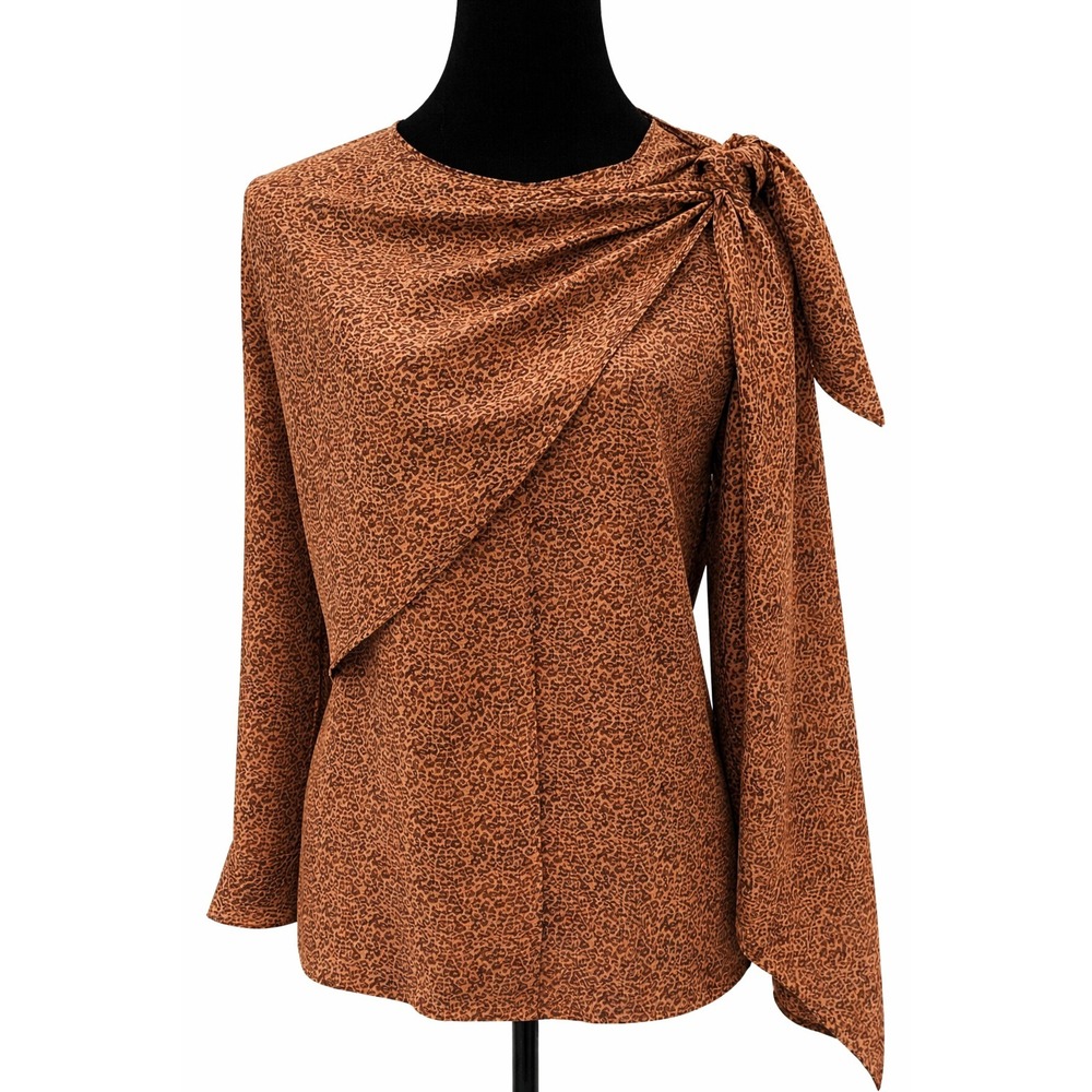 Vintage Escadrille Womens Blouse With Cape Size 6/8 Brown Animal Print 100% Silk